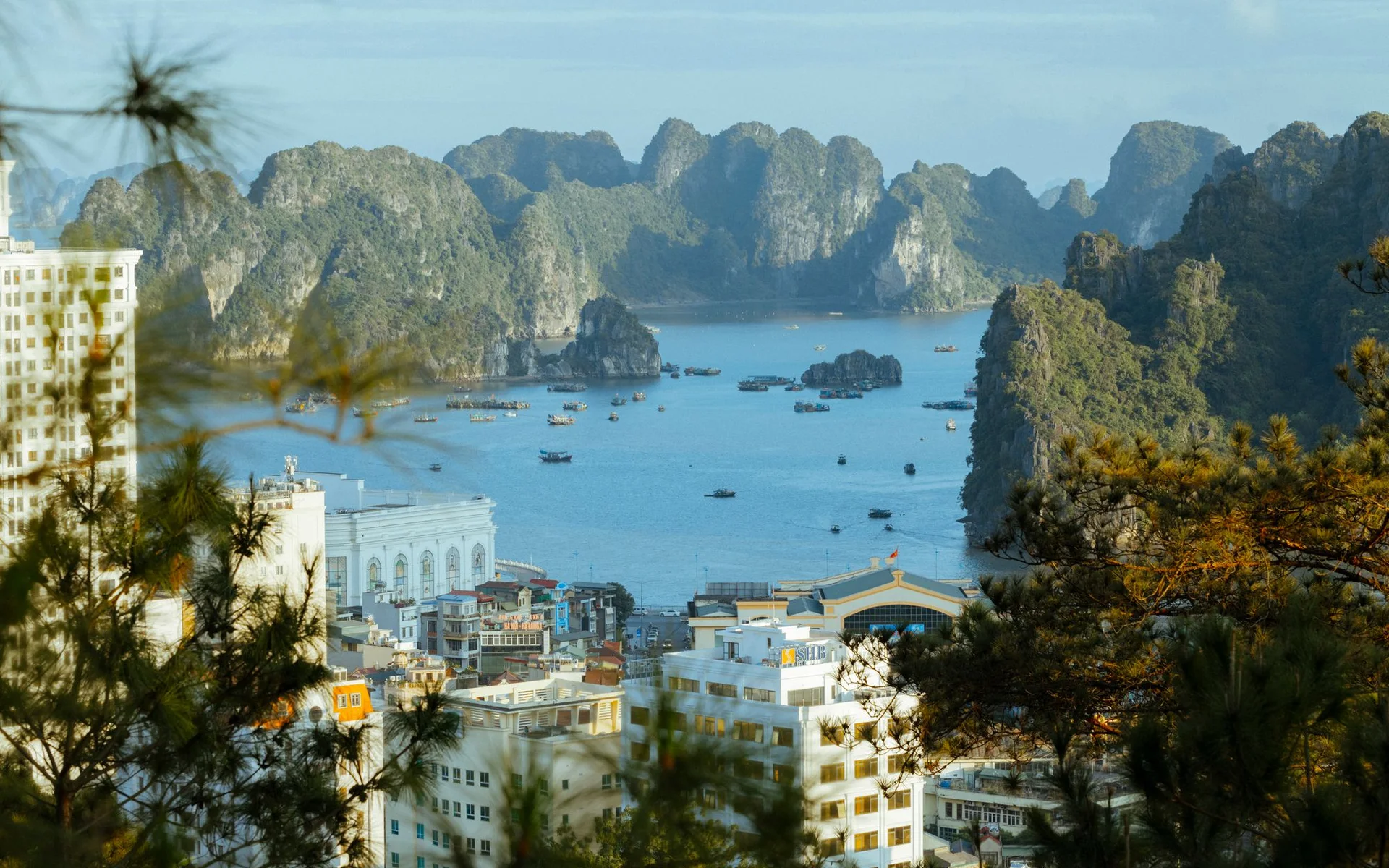 Vue aérienne de la baie d'Halong avec ses formations rocheuses